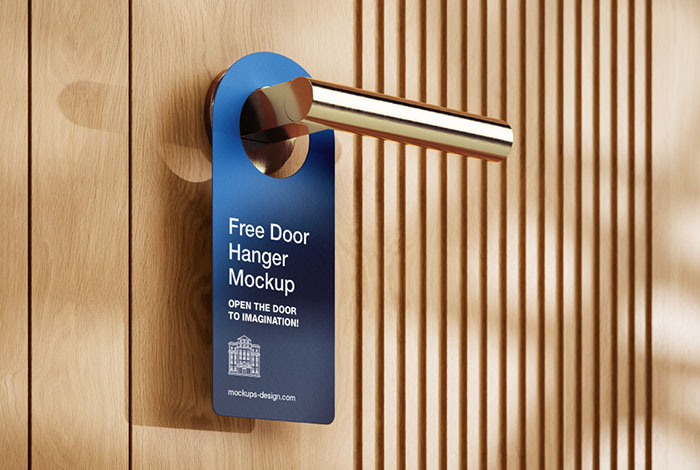 Door hanger on wooden doors mockup