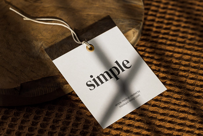 Square label tag on sliced wood mockup