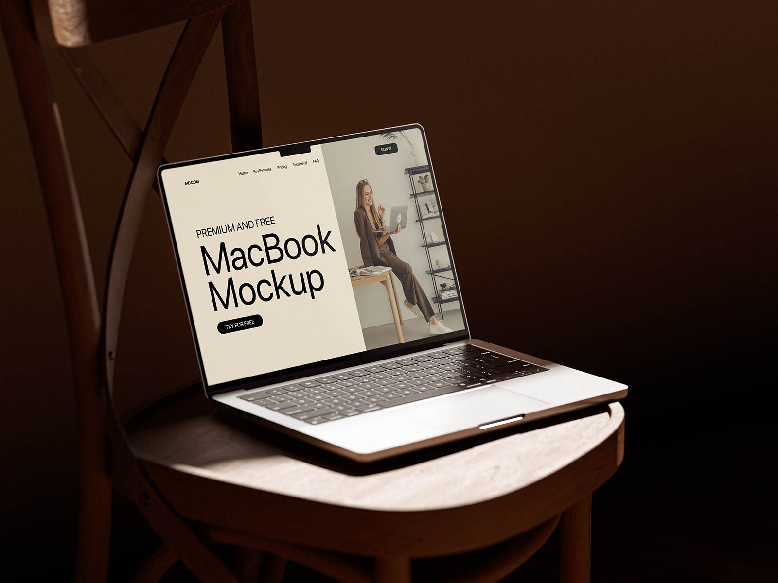 Wooden chair MacBook mockup