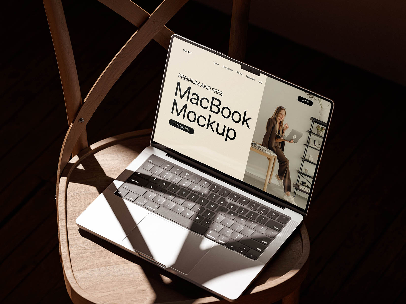 Wooden chair MacBook mockup