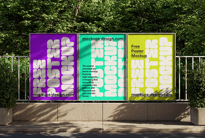 Three posters on fence mockup